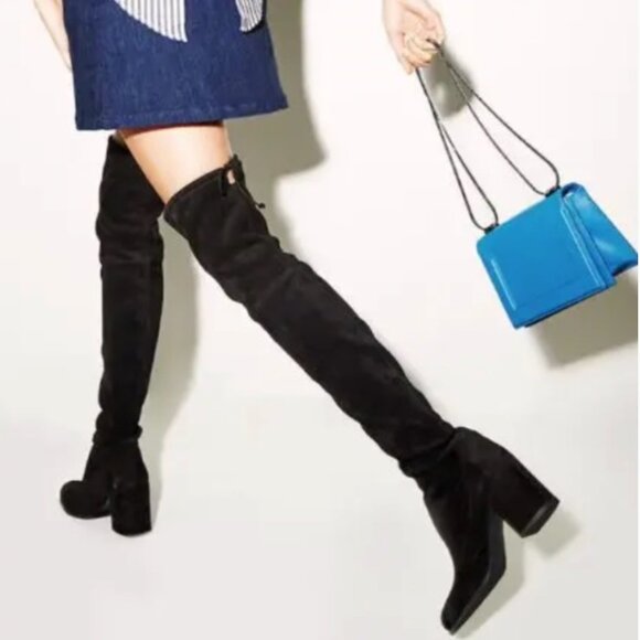 Stuart Weitzman Tieland Suede Black Over-the-Knee Sock Boots Block Heel Size 7 - Picture 2 of 14